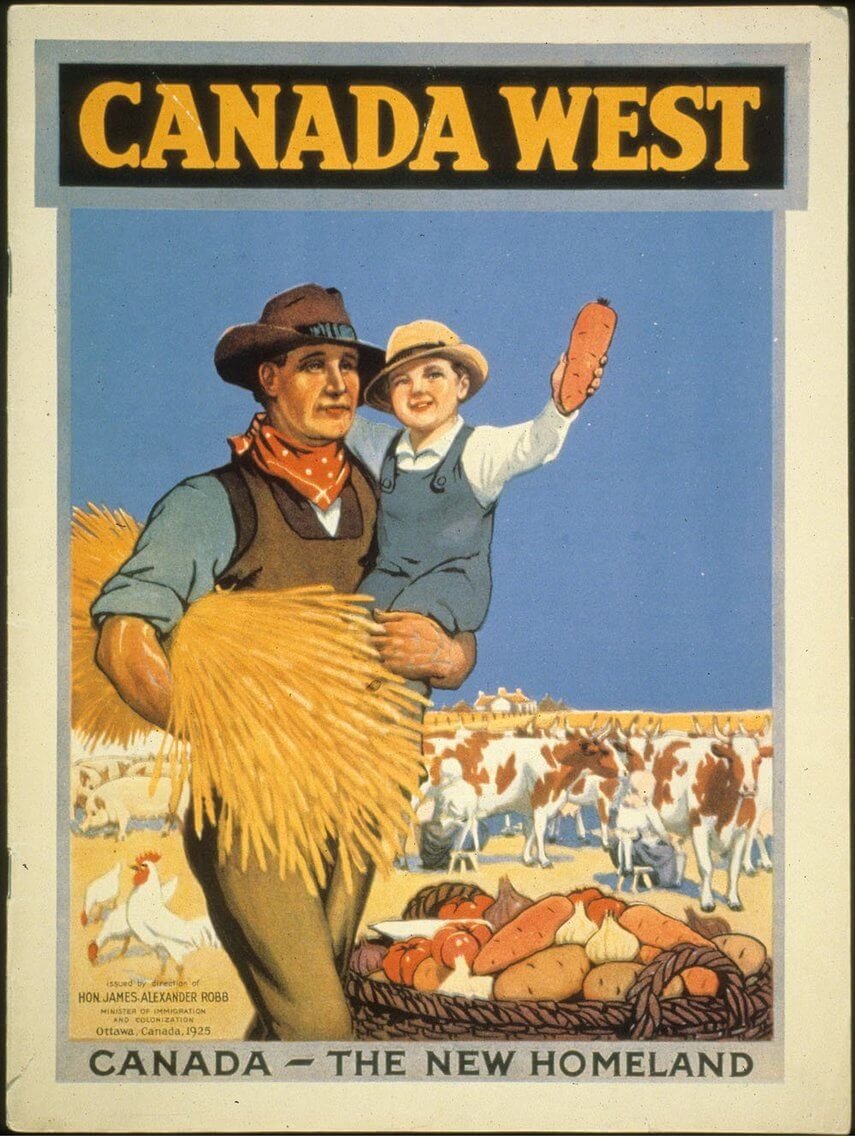 An illustrated settler is holding onto his young son with a wheat stool in the other hand. There is a basket of vegetables and a field of cows in the background.