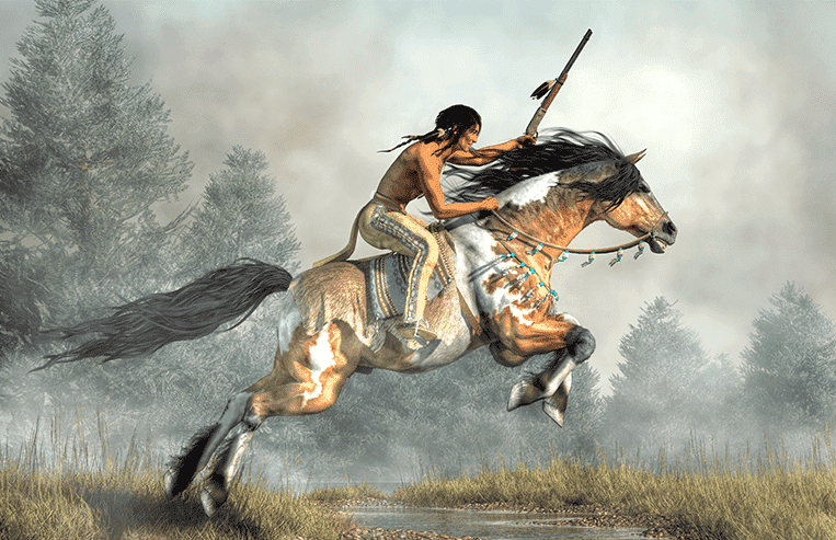 A First Nations man is riding a horse as it jumps across a stream of water.
