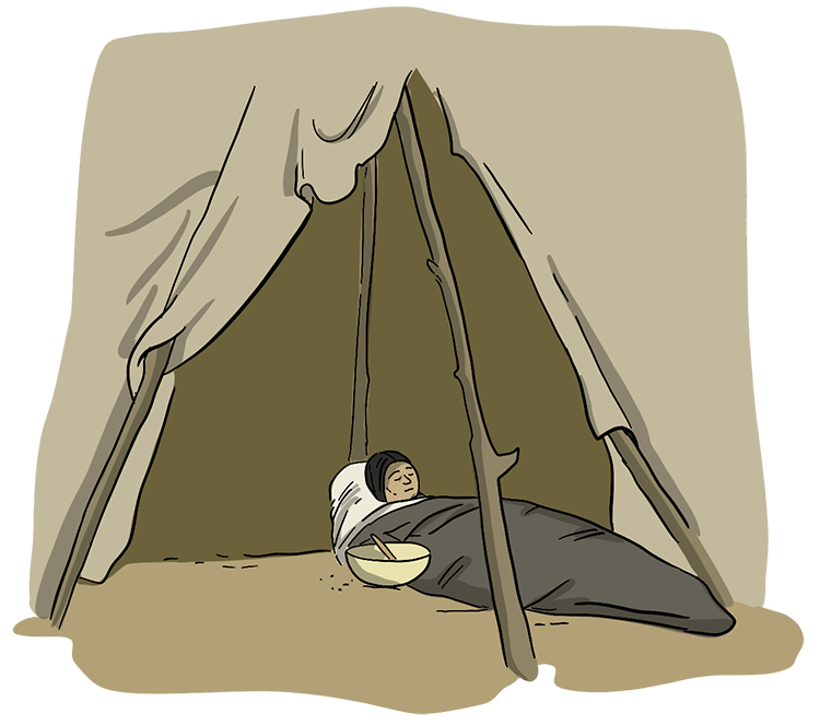 An illustrated Indigenous person is laying down with a bowl of food next to them inside of a tipi.