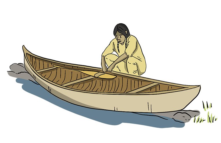 An illustrated First Nation woman is kneeling to repair a canoe on the edge of the water.