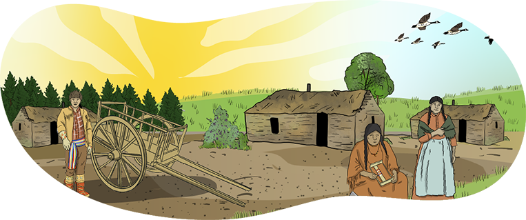Three illustrated Métis people are together near a wooden cart and three small buildings with prairie behind them.