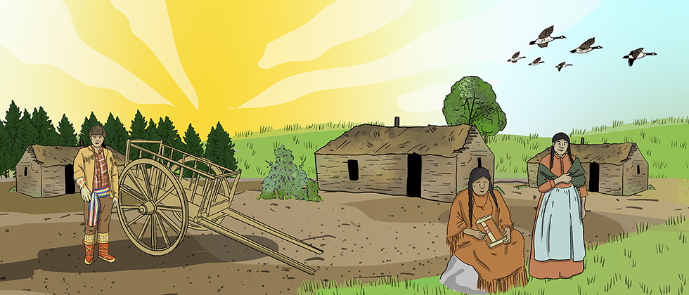 Three illustrated Métis people are together near a wooden cart and three small buildings with prairie behind them.