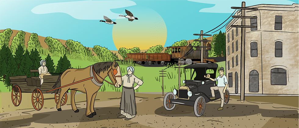 An illustrated wagon being pulled by a horse is parked next to a car and a stone building. There is a train going by in the background.