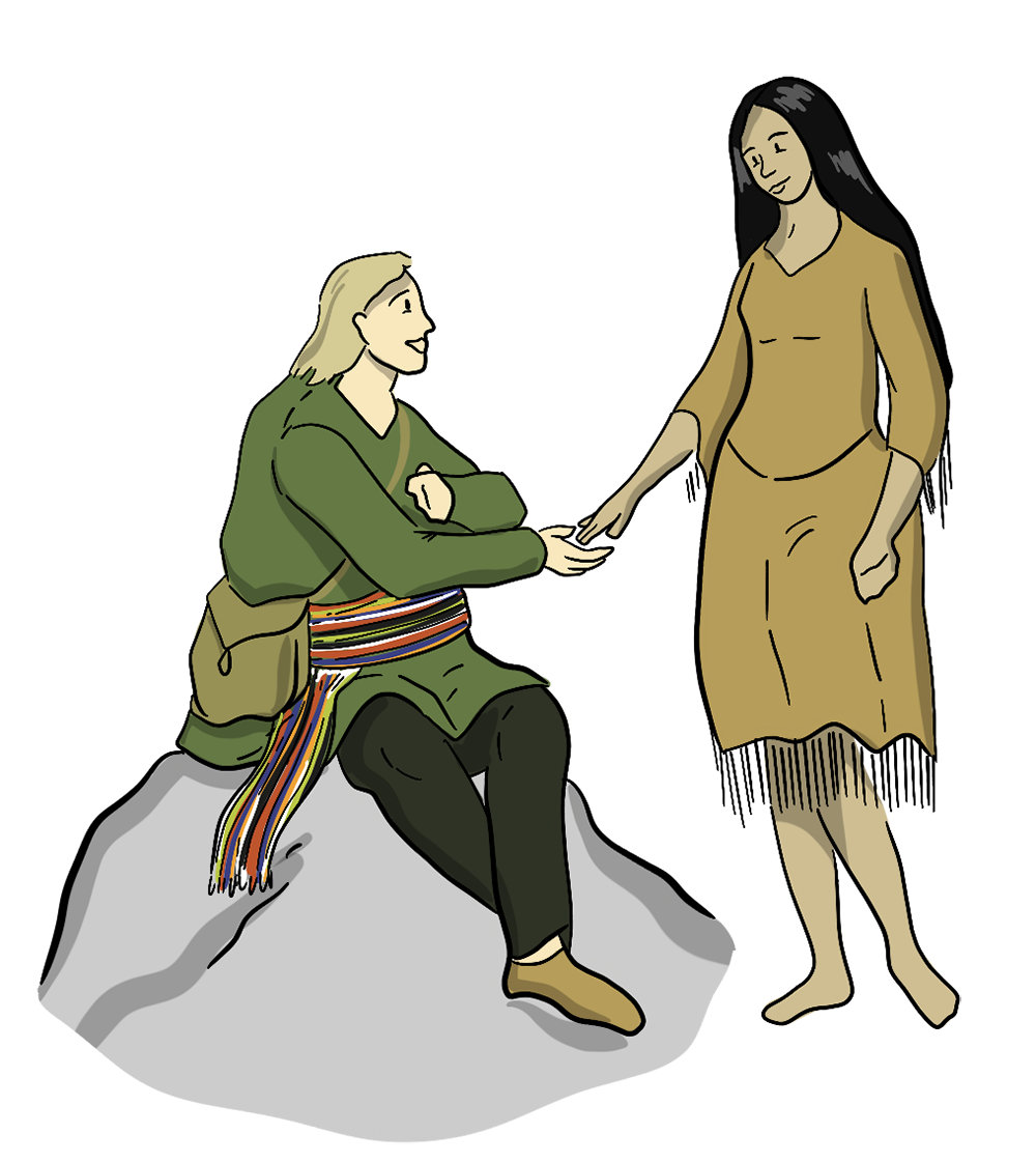 An illustrated settler and a First Nations woman hold hands.