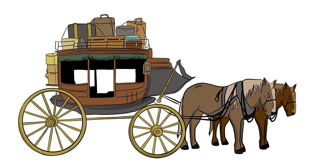 Two illustrated horses are pulling a stagecoach full of suitcases.