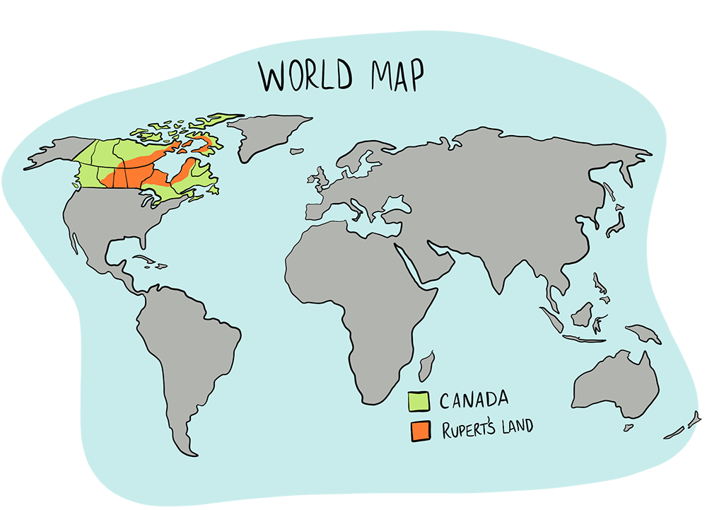 An illustrated world map is shown that is highlighting Canada and Rupert’s Land. 