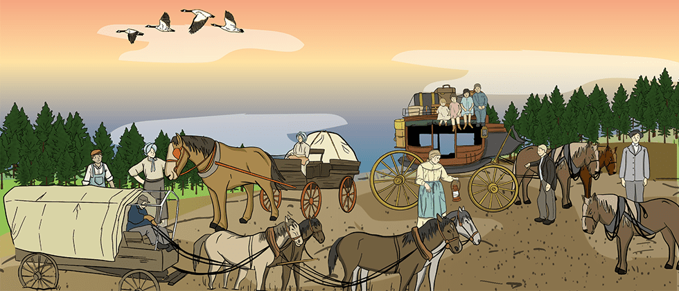Three illustrated wagons are loaded up with suitcases as families are traveling across the Prairies.