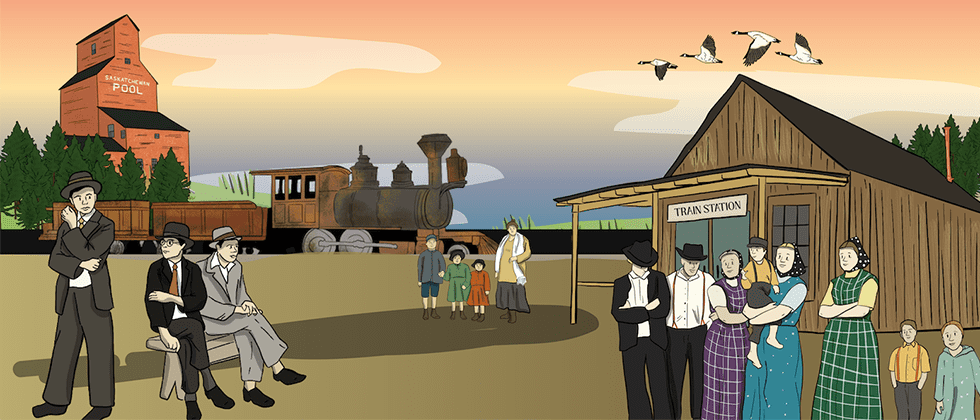 Three groups of illustrated people stand next to a train station with a train and an elevator in the background.