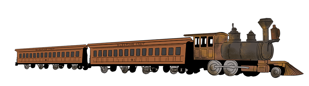 An illustrated train travels across the prairies.