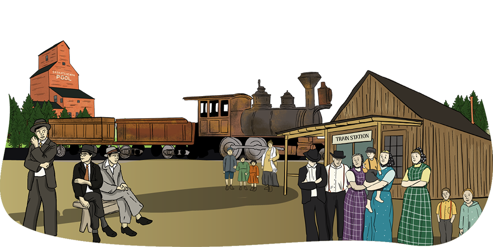 Three illustrated groups of people stand next to a train station with a train and an elevator in the background.