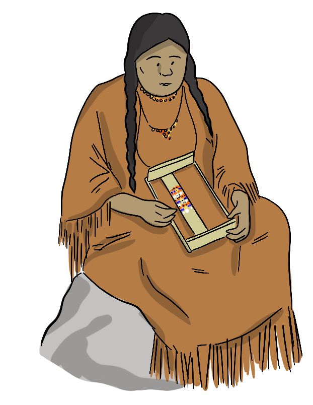 An illustrated Métis woman sits on a stone as she works on beadwork.