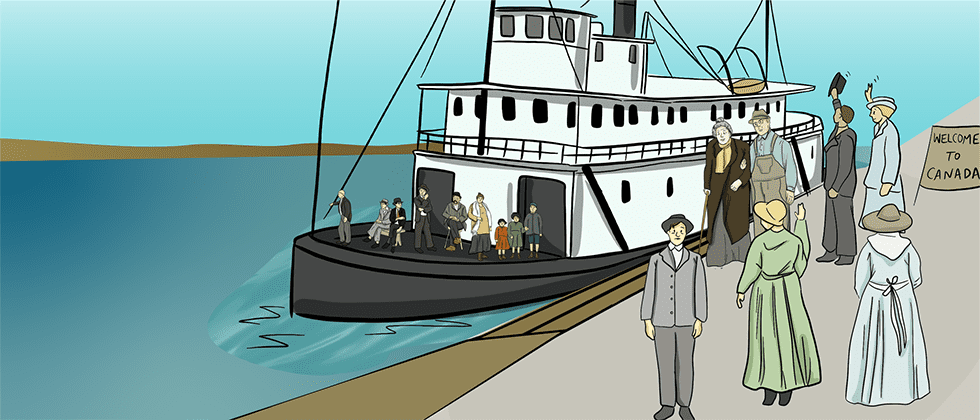 A group of illustrated people stand in a harbour next to a sign that reads ‘Welcome to Canada’. There is a ship with many people on it in the background.