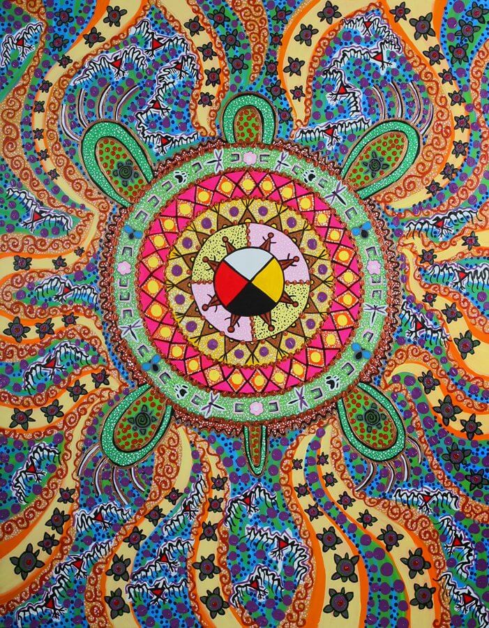 Artwork of a turtle is shown with blue and green sections in the background.