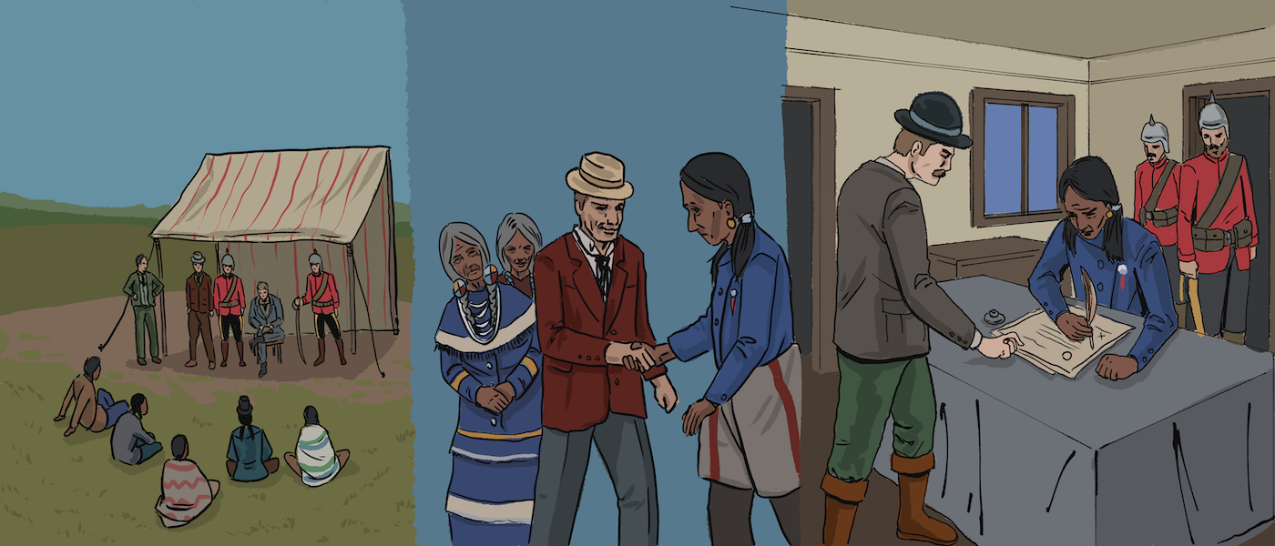 Three illustrated Métis people are together near a wooden cart and three small buildings with prairie behind them.
