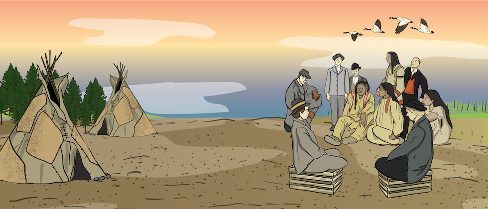 An illustrated First Nations man is trading furs to a fur trader for a pot and kettle. There is a trading post and a boat of fur traders in the background.