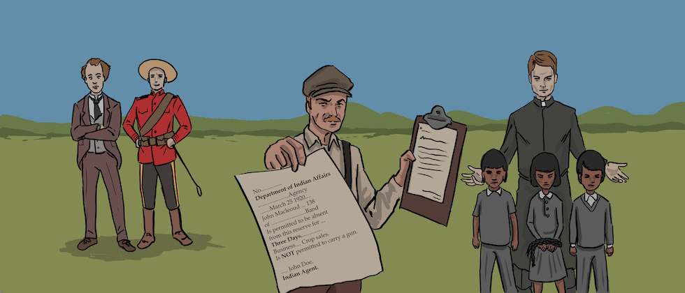 An illustrated First Nations man is trading furs to a fur trader for a pot and kettle. There is a trading post and a boat of fur traders in the background.