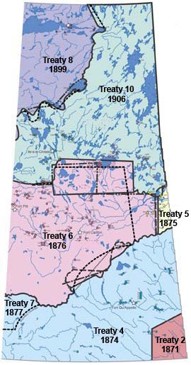 A map of the different treaty zones in Saskatchewan.