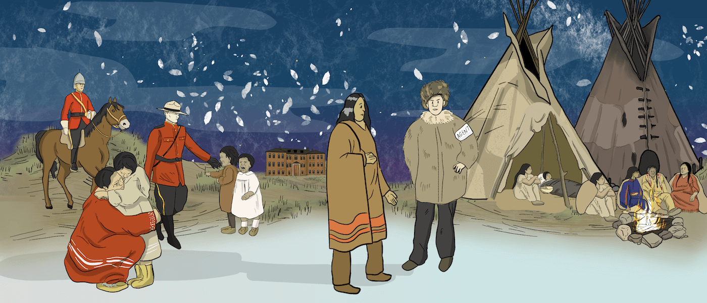 An illustrated Indian agent talks to a First Nations man. There is a family sitting by a campfire with a tipi nearby in the background. There are also two Mounties talking to First Nations children. A First Nations mom hugs her child.