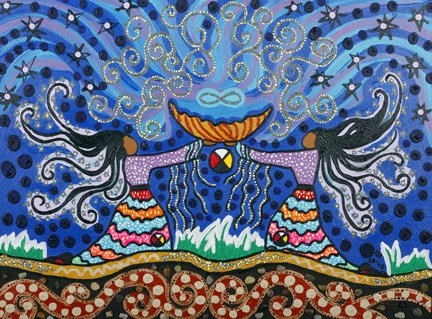 An illustrated Indigenous woman and her child are picking plants and checking the soil.