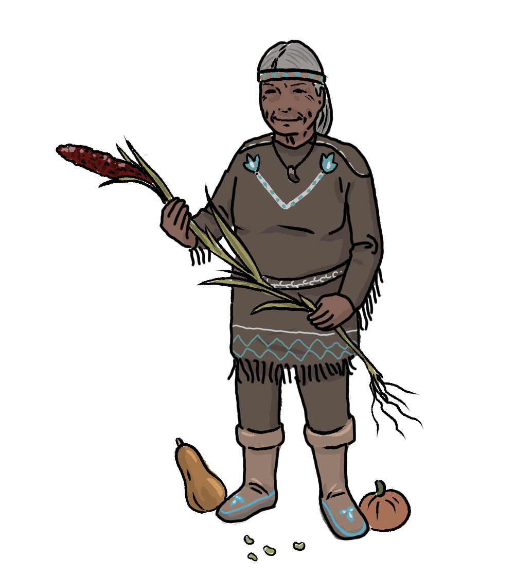 Past_FirstNations_Agriculture_Grandmotherwithseeds-1 An illustrated Indigenous woman is holding a plant.