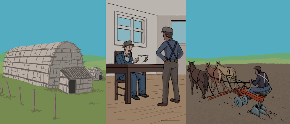 An illustrated Indigenous man stands talking to a White man who sits behind a table looking at a paper. Another Indigenous farmer is riding on a plow that is being pulled behind a team of three horses in a farm field. Anther image shows a building on a prairie.