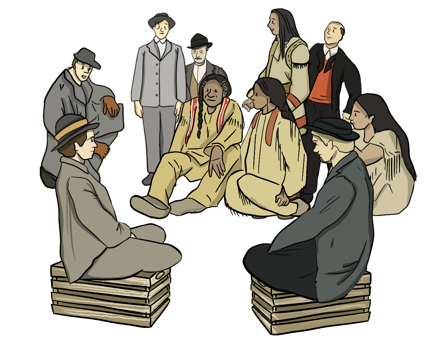 Past_FirstNations_Agriculture_Promises An illustrated group of Indigenous people are sitting down to talk with a group of White men wearing suits.