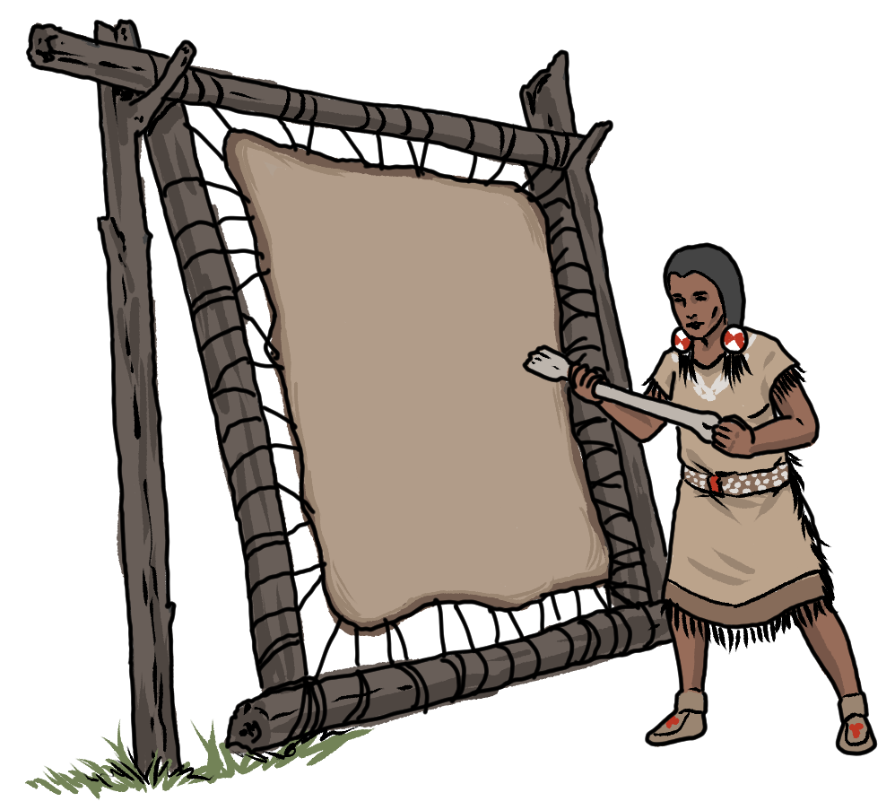 Past_FirstNations_Agriculture_WorkingHide An illustrated Indigenous person is preparing a bison hide that has been hung up on wooden supports.