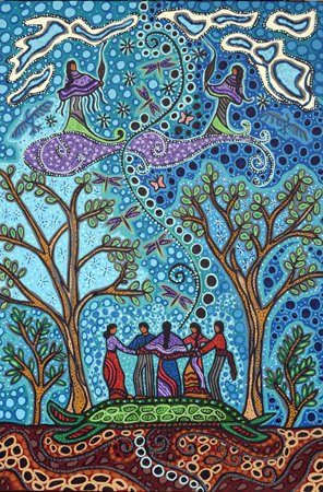 A hand-painted mosaic with a group of Indigenous people stand together, embracing each other with dancers in the sky.