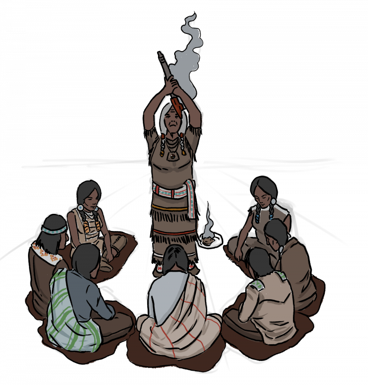 A group of First Nations people sit cross-legged with their heads down in a circle. There is a First Nations person that stands in the middle of the circle, while raising a pipe that has smoke coming from it.