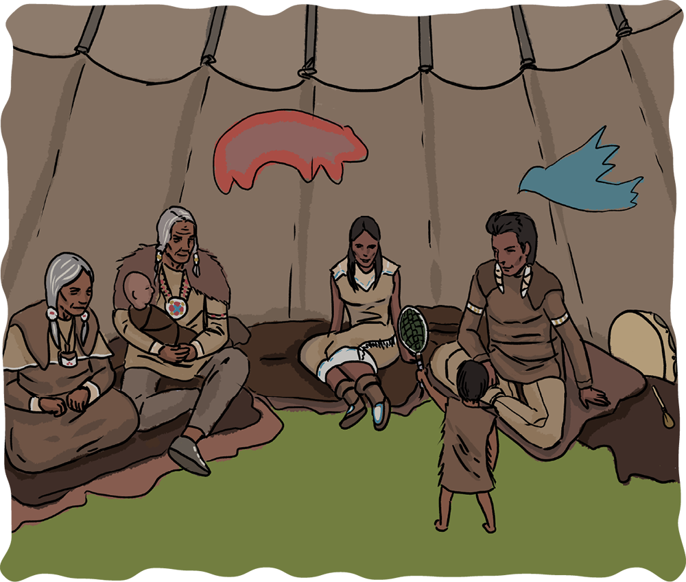 An illustrated group of Indigenous people sit inside a tipi and are all looking at a young child. 