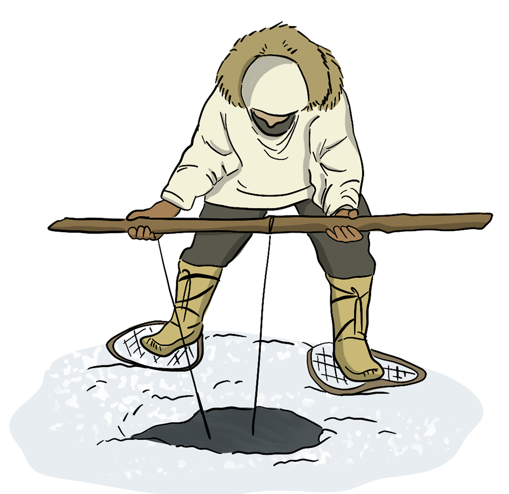 Willing to farm An illustrated Indigenous man dips a pole into a hole through a frozen lake.