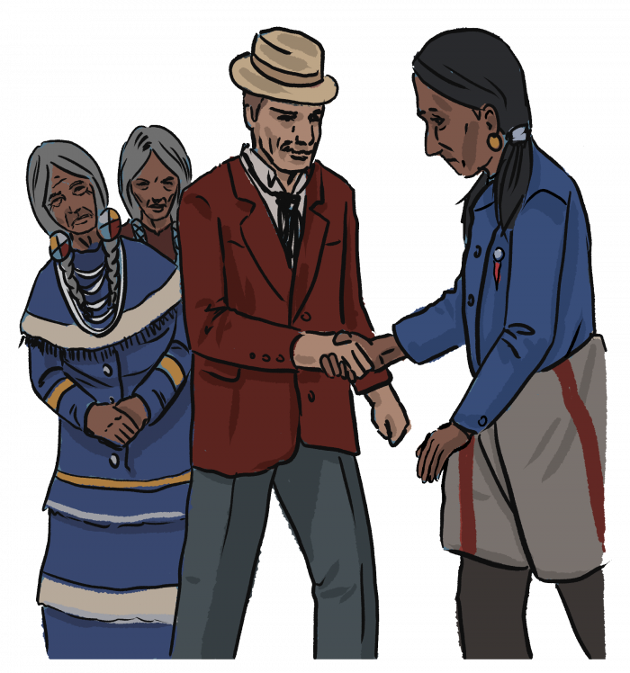 An illustrated First Nations man shakes the hand of of government official wearing a suit. Two First Nations women stand in the background.  