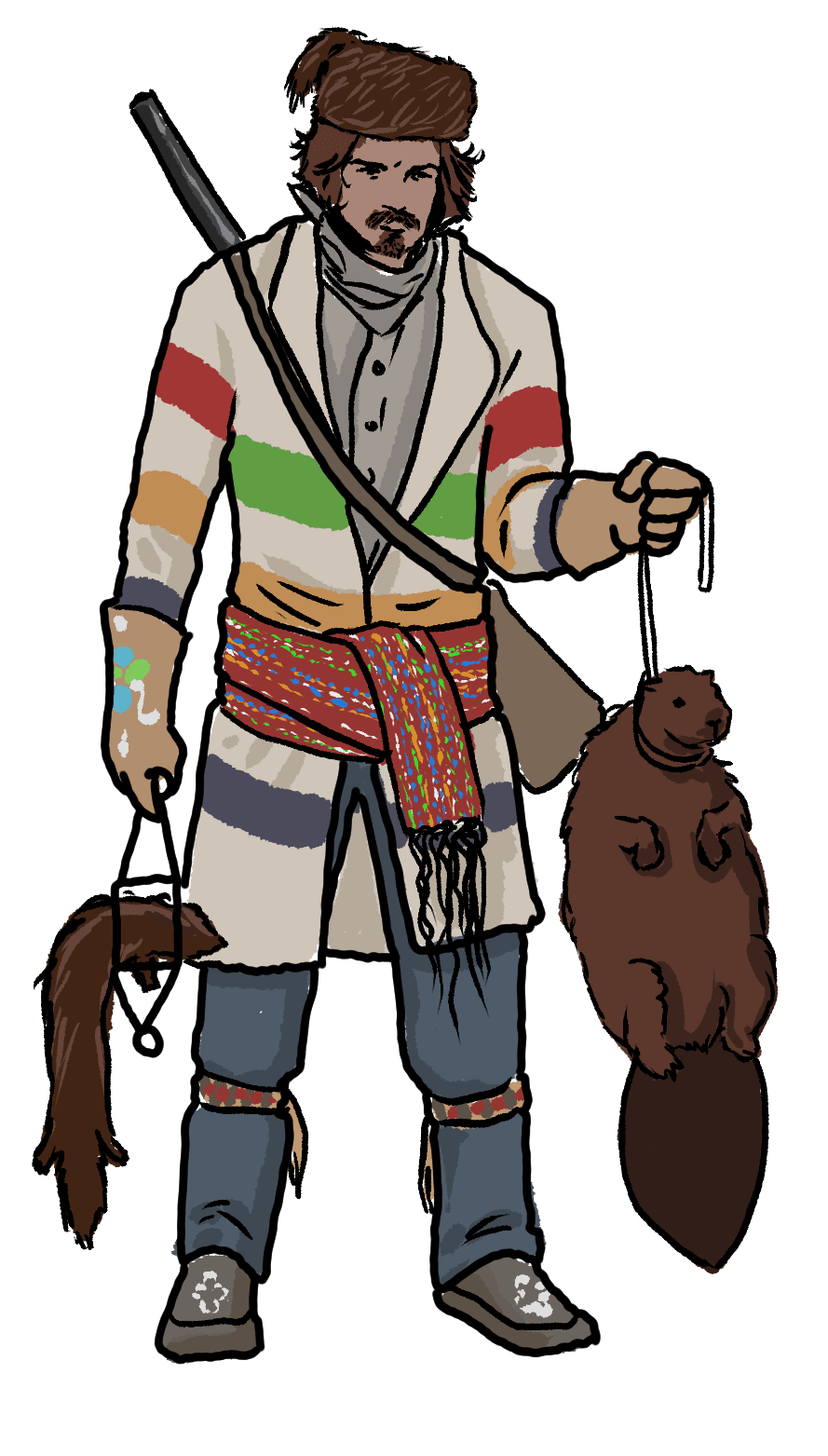 An illustrated Metis man is holding a beaver and muskrat.