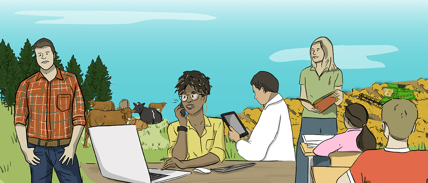 An illustrated farmer, financial planner, ag scientist, and teacher are standing next to each other near cows in a pasture. There is a combine in a canola field in the background.