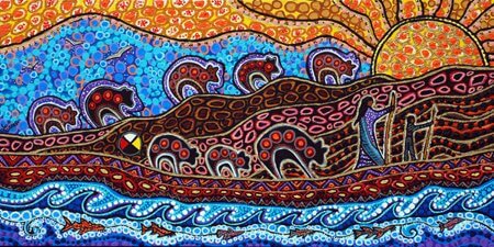 A piece of art by Leah Marie Dorion made with mosaics shows two Indigenous people standing near animals, sun, and water.