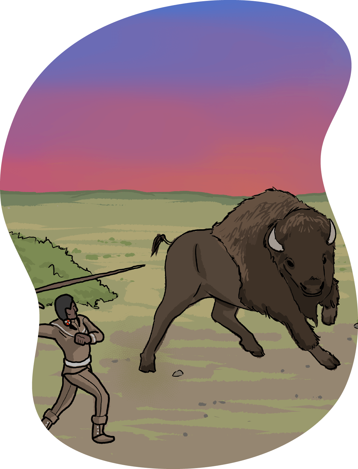 An illustrated Indigenous man is holding a spear and pointing it at a buffalo.