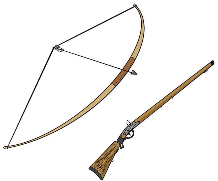 An illustrated bow and arrow and rifle lay beside one another.