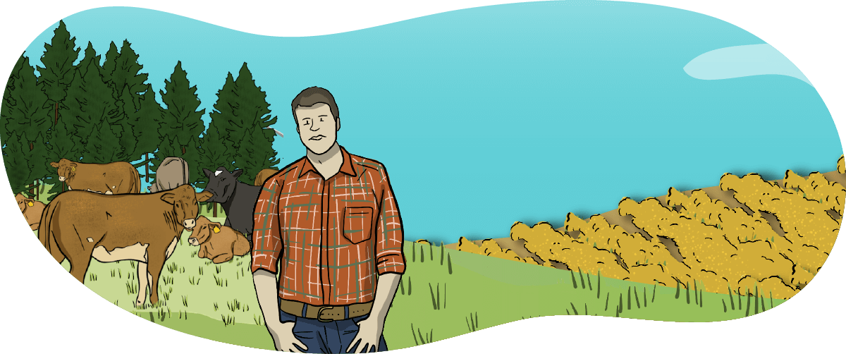 An illustrated beef farmer stands in a pasture with cows standing behind him.