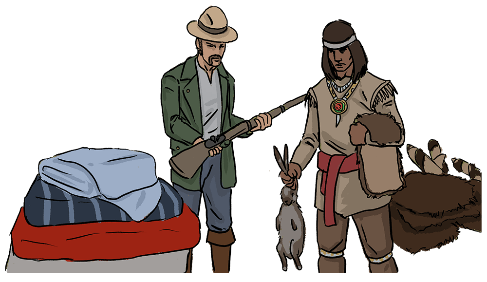An illustrated settler is trading an Indigenous man a gun for a rabbit. 