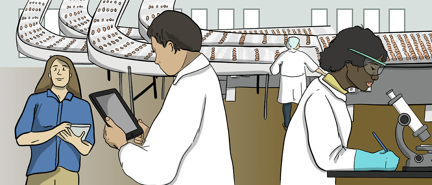 Two illustrated food inspectors and two quality control employees are shown working at a food processing facility where food is moving on conveyor belts in the background.