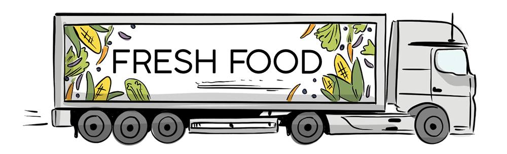 An illustrated semi-truck has fruit and vegetables painted on the side of it and it reads ‘Fresh Food.’ 