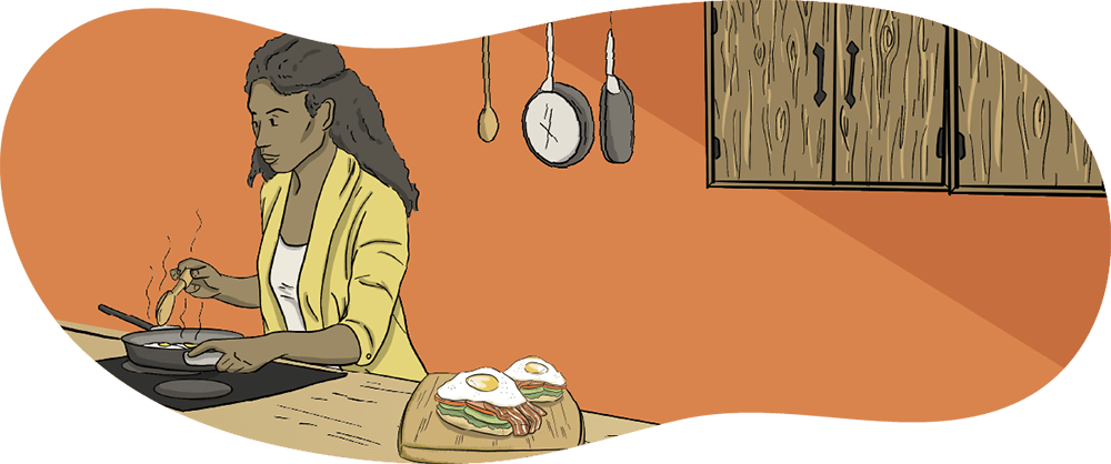An illustrated woman fries eggs on a stove.