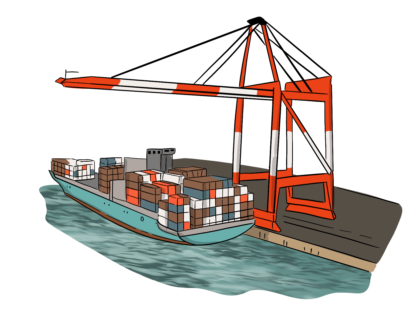An illustrated crane loads shipping containers onto a ship in a harbour. 