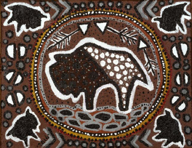 A piece of art by Leah Marie Dorion made with mosaics shows a bison with a circle around it. There are other smaller bison on the edges of the artwork.