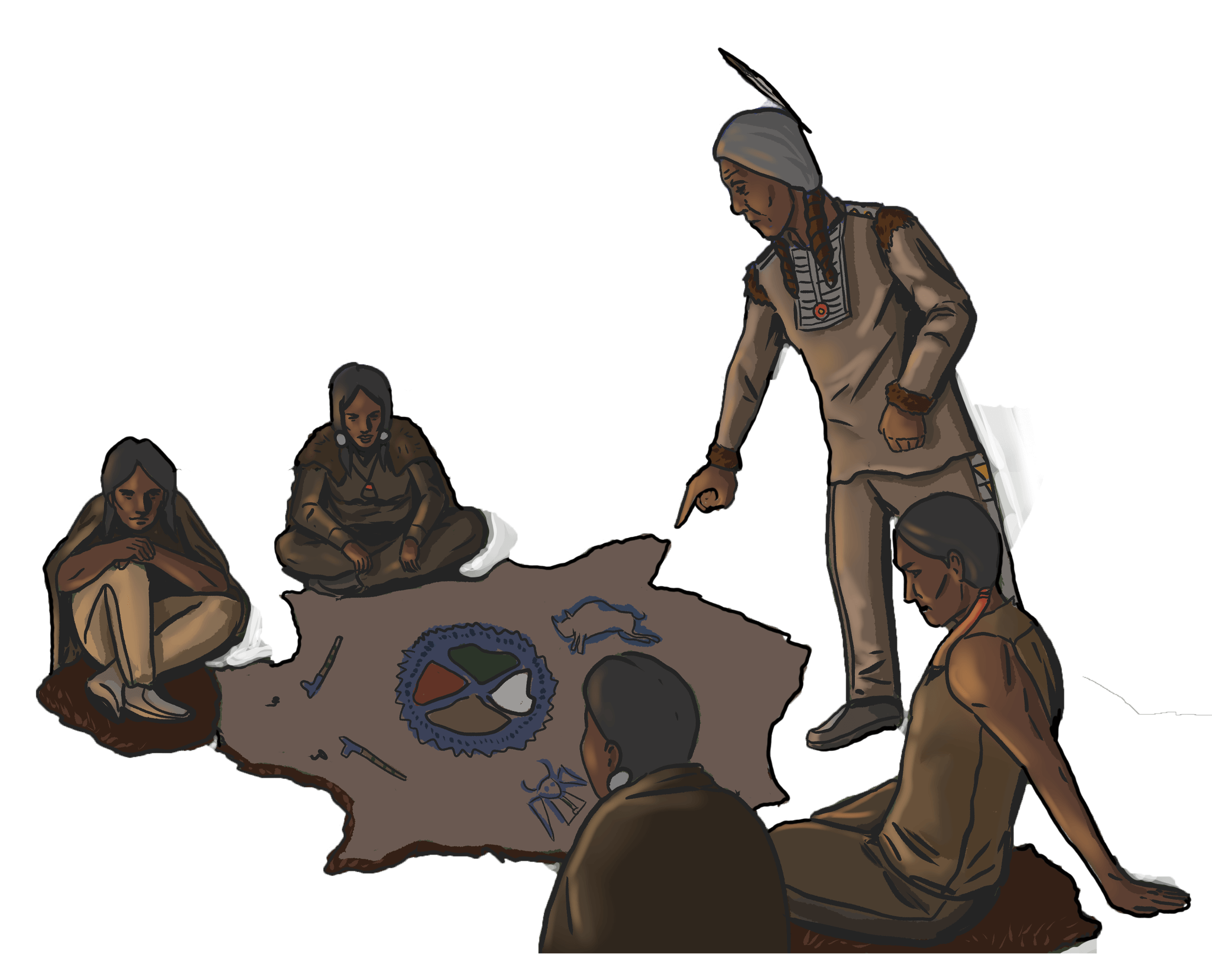 Four illustrated Indigenous men sit on hides on the ground, while another Indigenous man points to symbols written on the back of a bison hide on the ground.