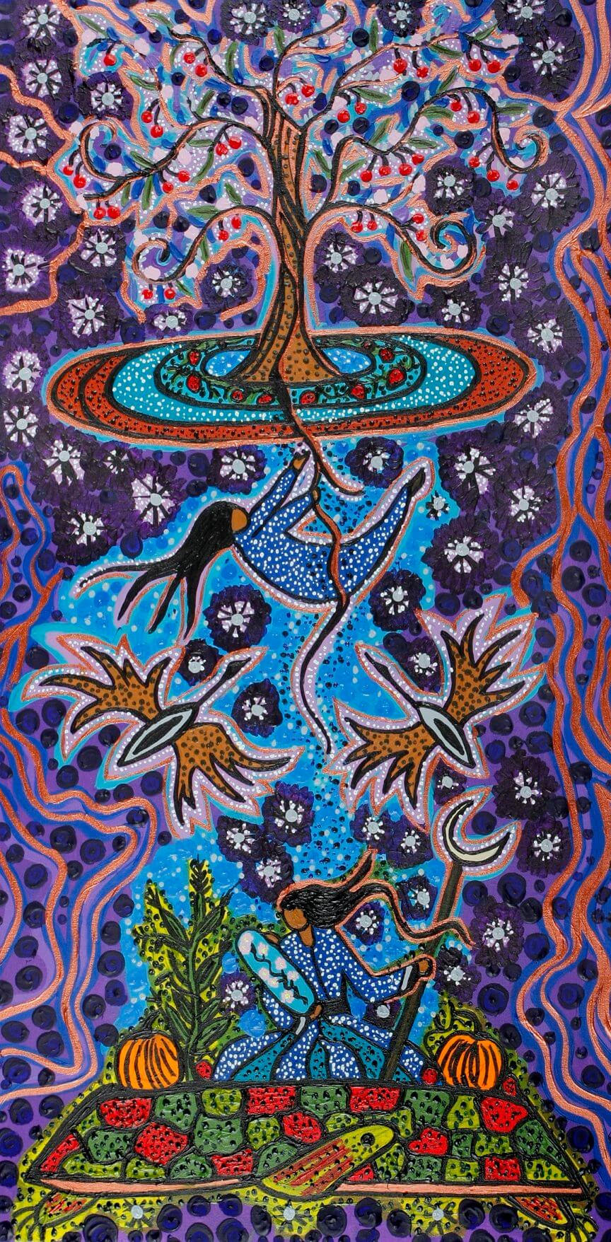 A piece of art by Leah Marie Dorion made with mosaics shows a large tree on top with an Indigenous person swinging from the roots. Another Indigenous person is in a garden with pumpkins and flowers.