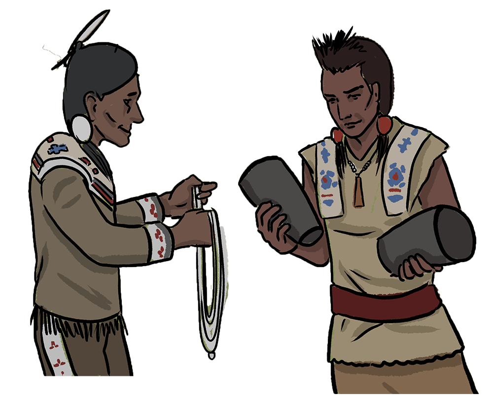 Two illustrated Indigenous men negotiate items with each other.