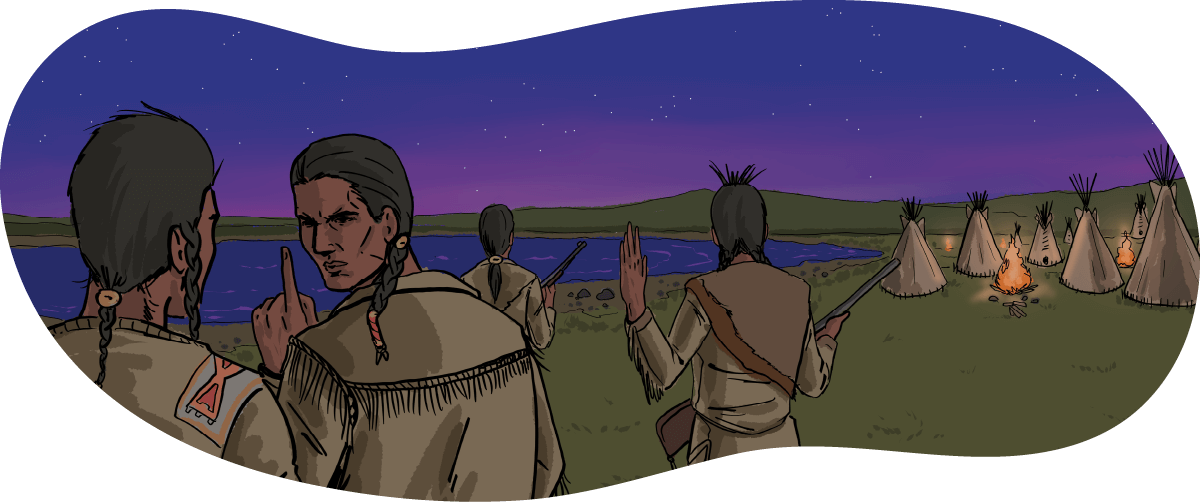 A group of four illustrated Indigenous men stand together with weapons at nighttime. A grouping of tipis stand in the background.
