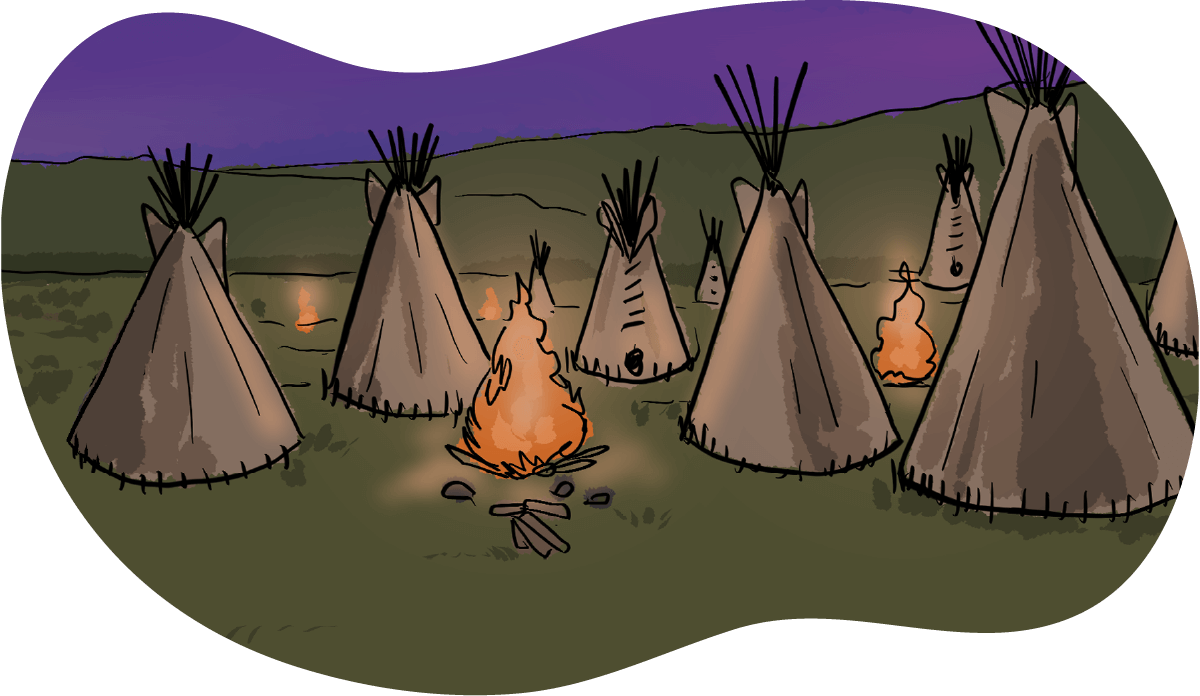 An illustrated group of tipis are shown at night with a few campfires burning.