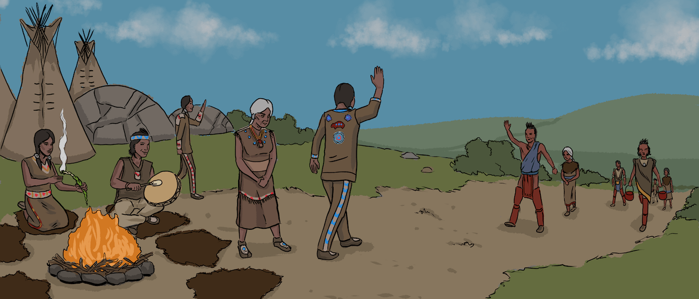 A group of illustrated Indigenous people are sitting together at a campfire by tipis. Others are greeting another group of people walking towards them.